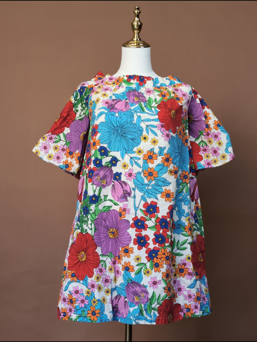 Vibrant H&M Floral Shift Mini Dress in White Multicolor Poplin Retro Size 10